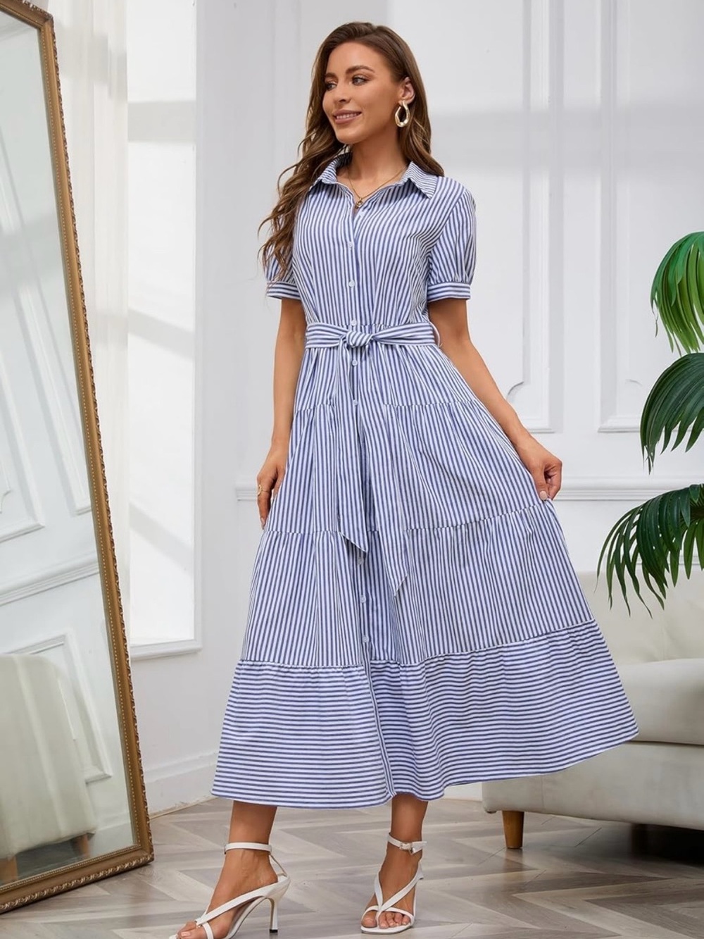 Blue Stripe Shirt Dress with Tie Waist sz. M